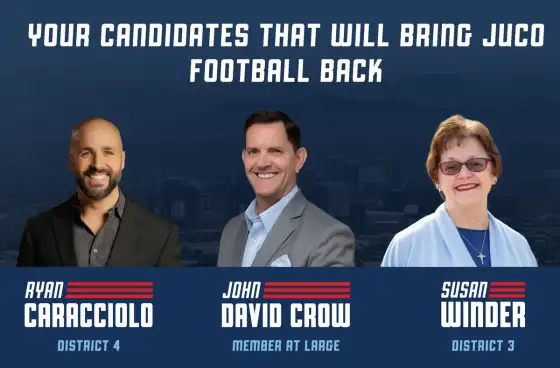 Screenshot of the football page of the Change4Maricopa website under the heading “YOUR CANDIDATES THAT WILL BRING JUCO FOOTBALL BACK”, listing Ryan Caracciolo, District 4; John David Crow, Member at Large; and Susan Winder, District 3.