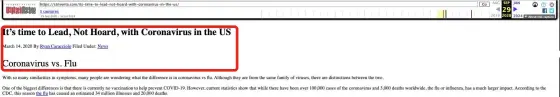 Screenshot of the archived Striventa post in the Wayback Machine, capture of September 29, 2020. Title: “It’s time to Lead, Not Hoard, with Coronavirus in the US”. Byline: “March 14, 2020 By Ryan Caracciolo Filed Under: News”. Section “Coronavirus vs. Flu”: “With so many similarities in symptoms, many people are wondering what the difference is in coronavirus vs flu. Although they are from the same family of viruses, there are distinctions between the two. One of the biggest differences is that there is currently no vaccination to help prevent COVID-19. However, current statistics show that while there have been over 100,000 cases of the coronavirus and 3,000 deaths worldwide, the flu or influenza, has a much larger impact. According to the CDC, this season the flu has caused an estimated 34 million illnesses and 20,000 deaths.”