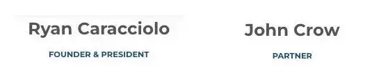 Two team entries from Striventa’s About page, cropped by this site: “Ryan Caracciolo, FOUNDER & PRESIDENT” and “John Crow, PARTNER”.