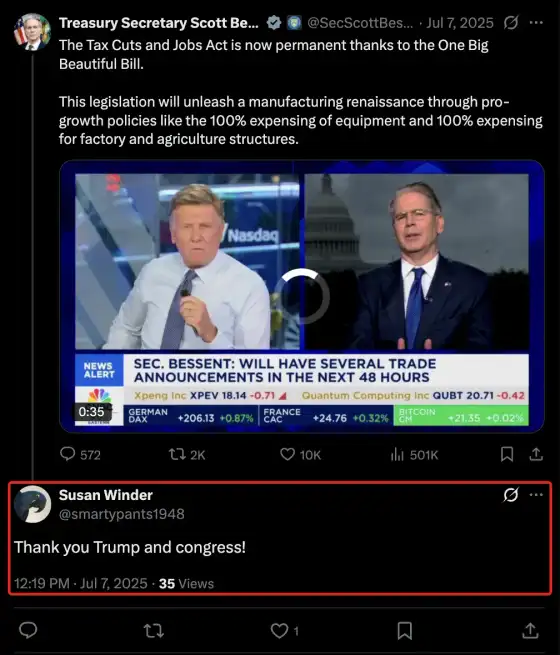Screenshot of a thread on X. Treasury Secretary Scott Bessent, @SecScottBessent, July 7, 2025: “The Tax Cuts and Jobs Act is now permanent thanks to the One Big Beautiful Bill. This legislation will unleash a manufacturing renaissance through pro-growth policies like the 100% expensing of equipment and 100% expensing for factory and agriculture structures.” His post includes a CNBC video still. Reply from Susan Winder, @smartypants1948, 12:19 PM, July 7, 2025: “Thank you Trump and congress!”