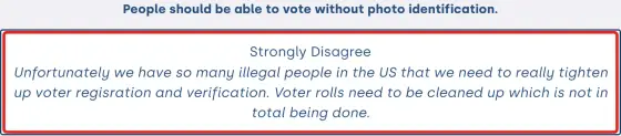 Screenshot of Susan Winder’s 2024 iVoterGuide answer. Statement: “People should be able to vote without photo identification.” Winder’s selection: Strongly Disagree. Winder’s comment: “Unfortunately we have so many illegal people in the US that we need to really tighten up voter regisration and verification. Voter rolls need to be cleaned up which is not in total being done.”
